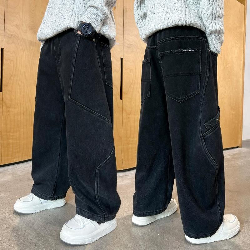 Kinderkleidung, Jungenhosen, Freizeithosen, Frühlings- und Herbst-Hosen im westlichen Stil, Weiche Jeans für größere Kinder 170 schwarz