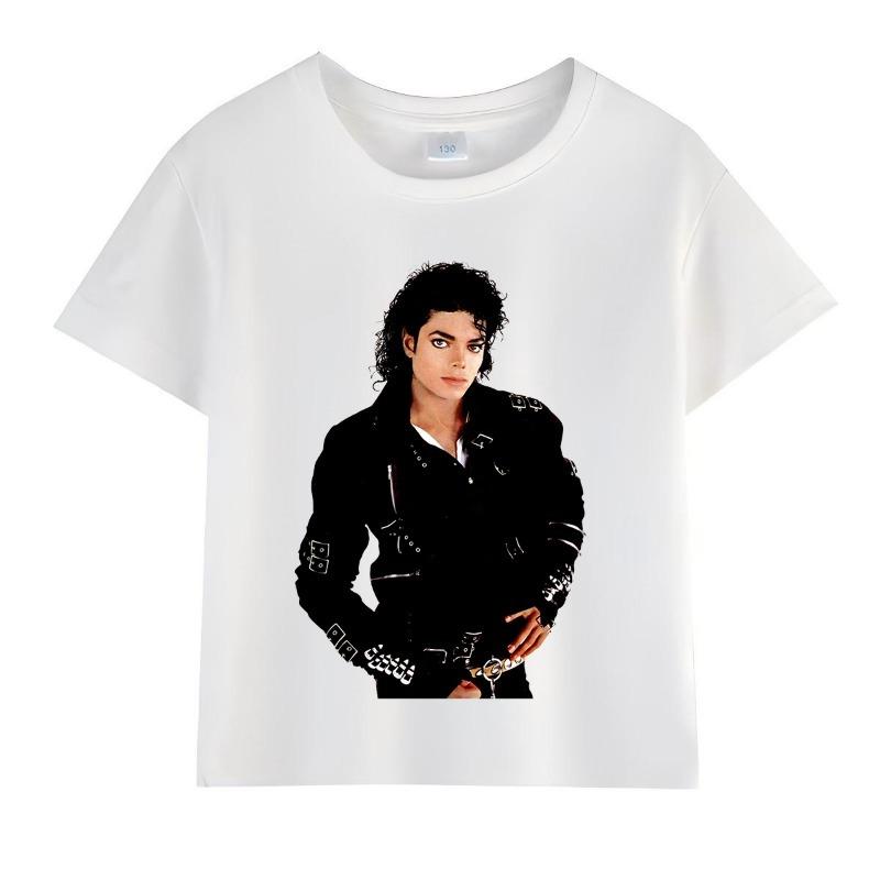 Kinder Michael Jackson Rock N Roll T-Shirt Kinder Mode Rundhals Oberteil Sommer Freizeitkleidung für Jungen und Mädchen 140 white