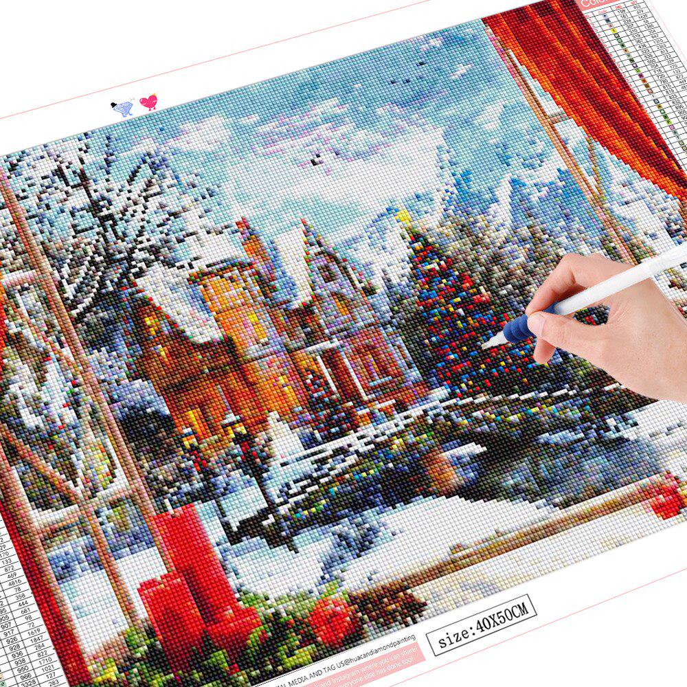 Diamant-Stickerei, 5D-Schneeszene, volle runde Malerei, Weihnachtsdekoration 20X30CM gray