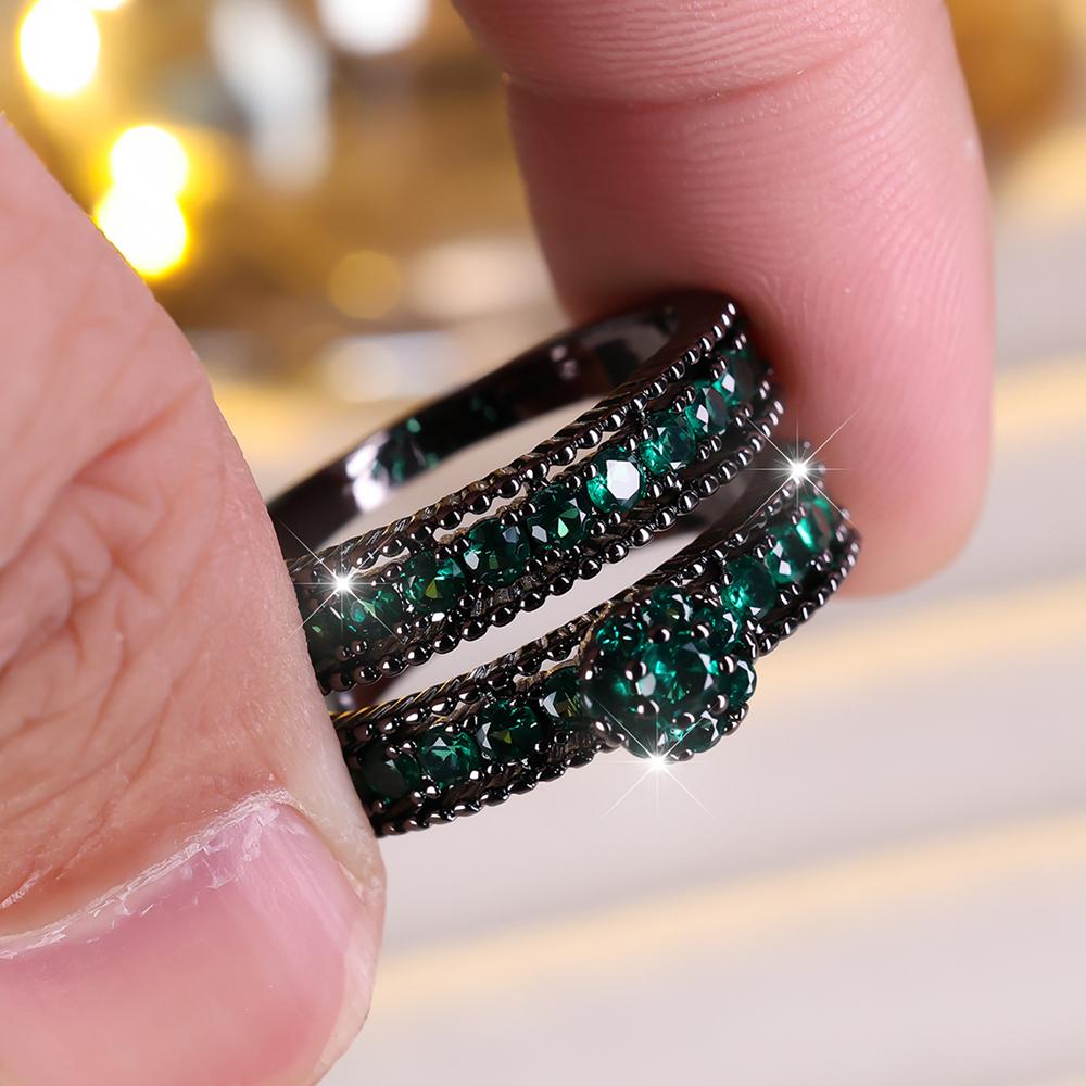 Modisches 2-teiliges Set mit blumenförmigen Zirkonia-Ringen für Frauen, luxuriöse, elegante Verlobungsringe, Party-Schmuckgeschenke 11 schwarz/grün