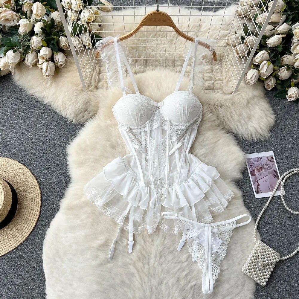 Spitze Sexy Unterwäsche Anzüge Frauen Transparent Liebsten Camis Bh $ Kurze Anzüge Mode Retro Kurze Sommer Bh Sets M weiß