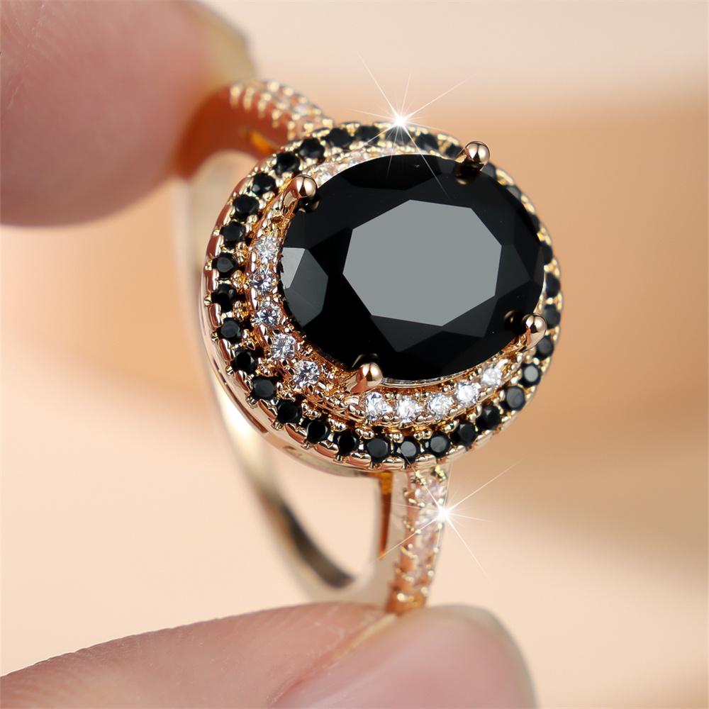 Antike Schwarze Kristall Weiße Zirkonia Runde Steinringe Für Frauen Boho Goldfarbe Verlobungsringe Charm Hochzeits Schmuck Zubehör 7 black