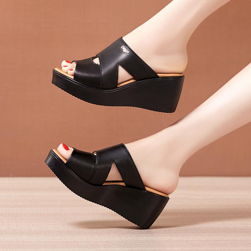 Leder Hausschuhe Frauen Dicke Sohlen Plattform Hohe Hang Ferse Hausschuhe Weiblichen Koreanischen One-wort Hausschuhe Sommer 39 schwarz