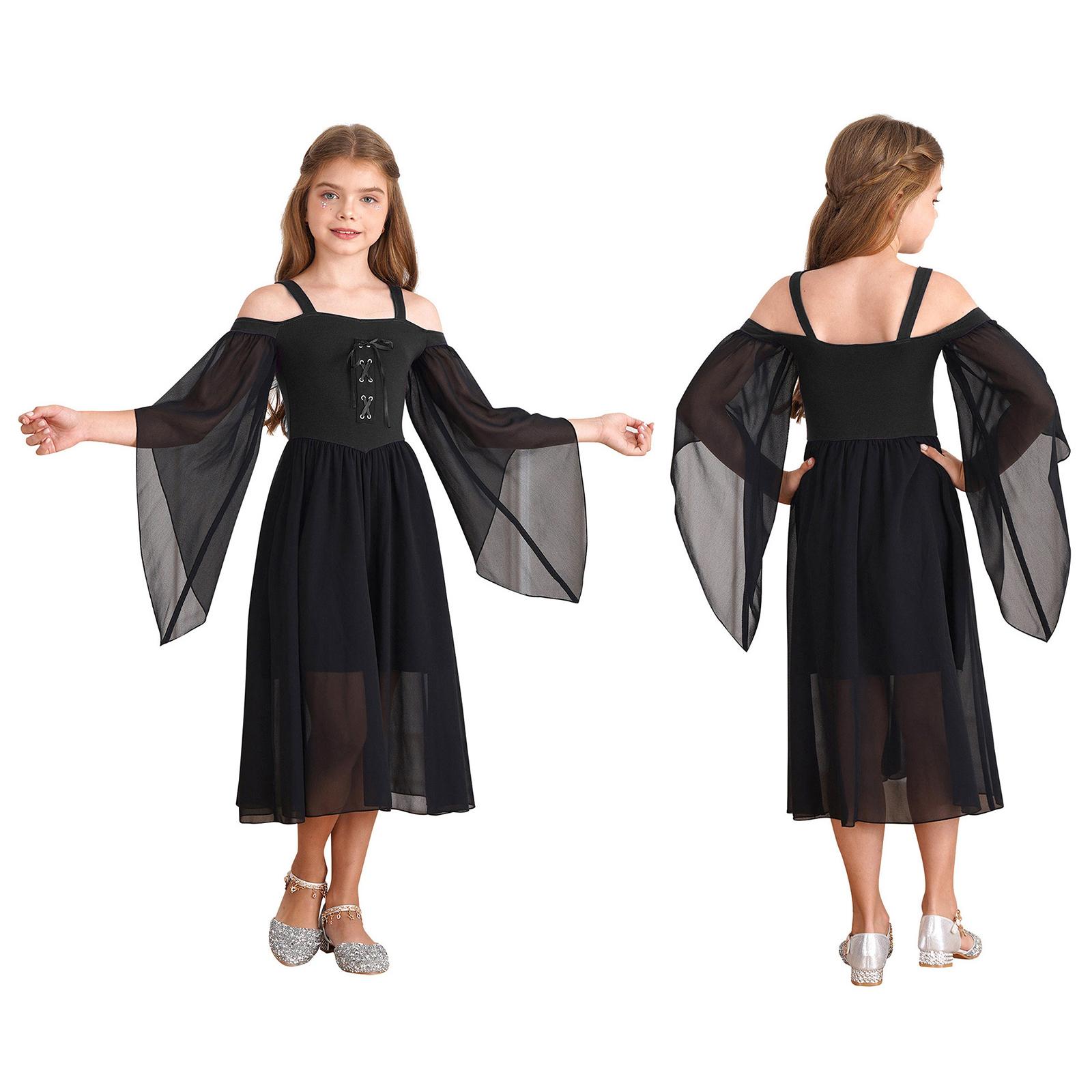 Kinder Mädchen Mittelalterliche Prinzessin Kostüm Renaissance Robe Kleid Quadratischer Ausschnitt Halloween Cosplay Kostüm 5-6 Years schwarz
