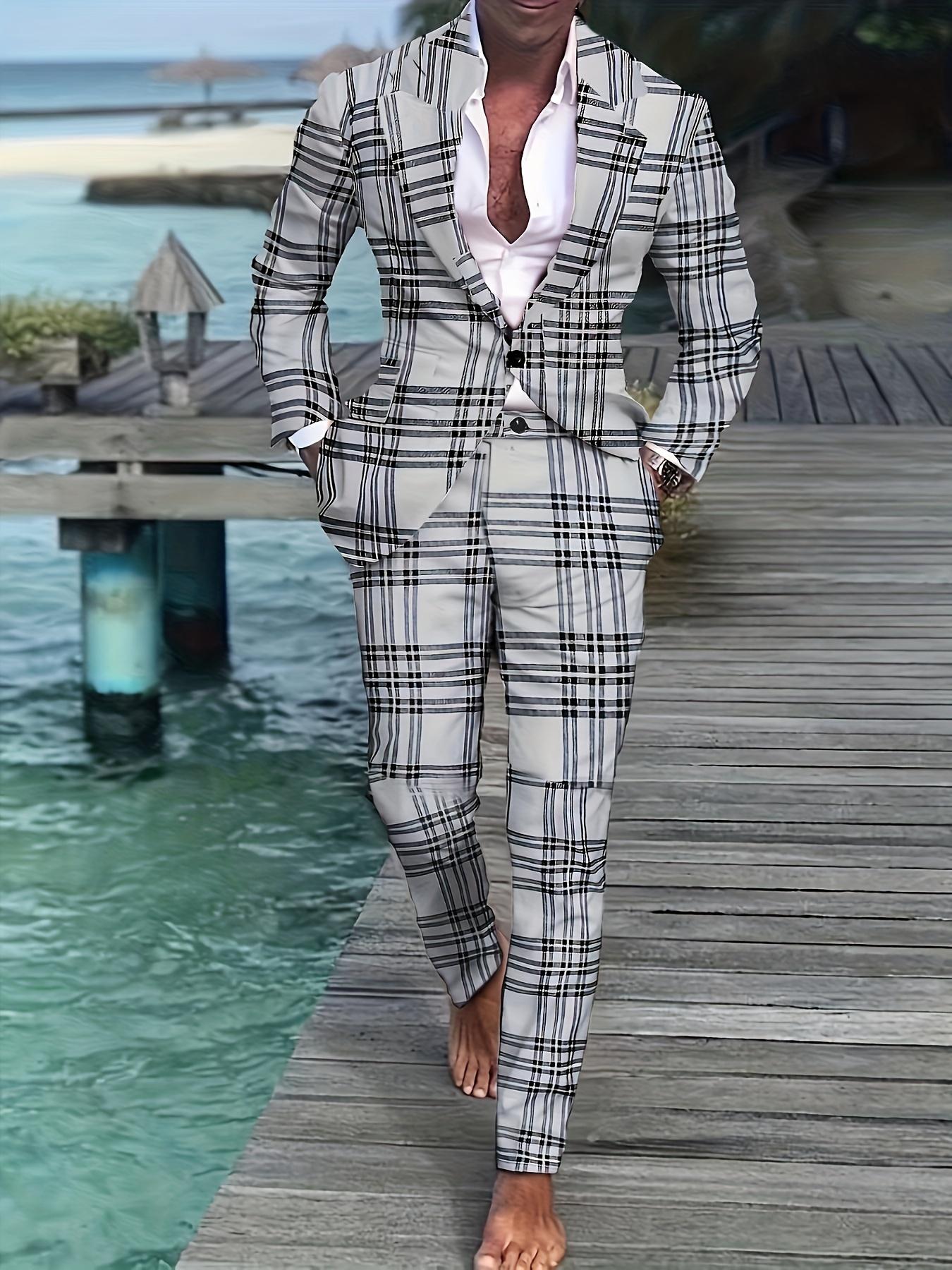 2-teiliger karierter Herrenanzug in Übergröße – Blazer mit einem Knopf und Revers und Anzughose – Set für Business und Alltag, geeignet für formelle Anlässe XXXXXL grau