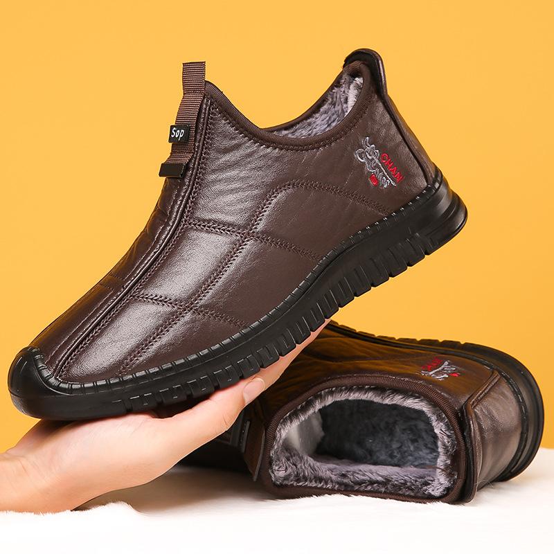Herren Winterschuhe mit Fleece-Futter, verdicktem Leder und Baumwolle, warme Slipper zum Hineinschlüpfen 48 kaffeebraun