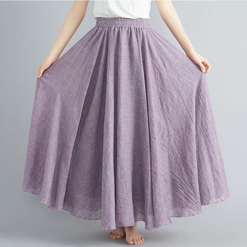 Sommer Herbst Damen Rock Literarisch Große Baumwolle Leinen Halbrock Elastische Taille Leinen A-Linie Rock Langer Abschnitt Reine Farbe Wind Swing Rock M licht lila