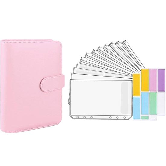 1 Set Budgetplaner Handbuch, transparente Taschen, wasserdichtes Kunstleder, Quittungscoupon, Bargeldumschlag, Bindemittel, Bürobedarf rosa