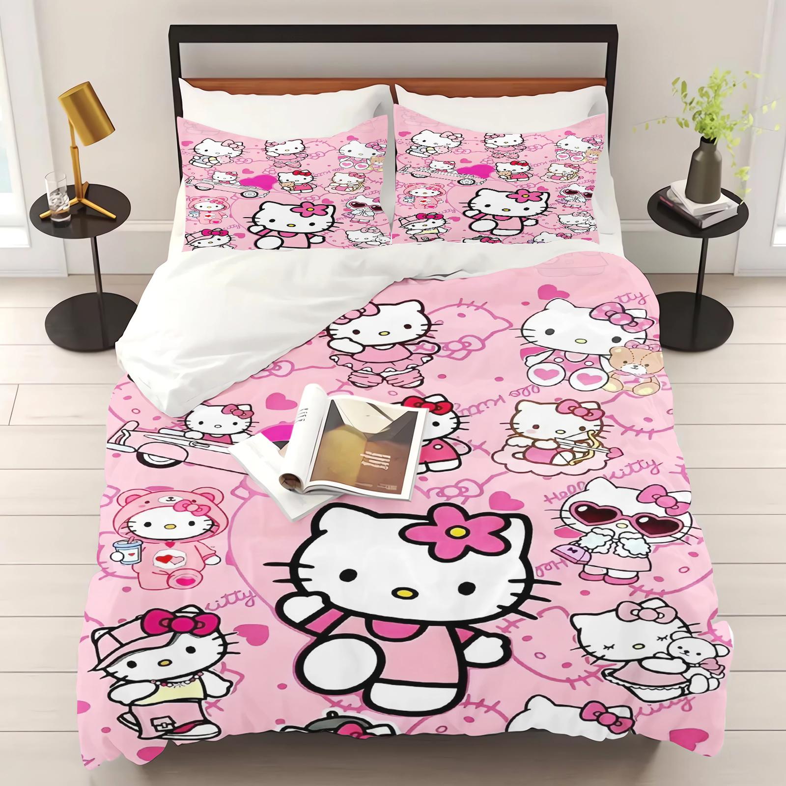 Hello Kitty Bedrucktes Schlafzimmer Bettwäsche Set Bettbezug Weihnachtsgeschenke Komfort Cartoon Mit Kissenbezug EU Single(135*200cm)3pcs white
