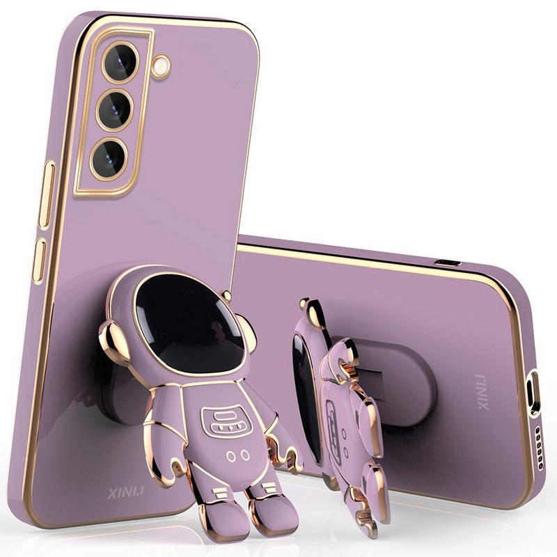 Luxus Astronaut Ständer Hülle für Samsung Galaxy S25 Ultra S24 FE S23 Plus S22 S21 A54 A34 A52 A53 5G A14 Plattiertes Silikon Handyhülle Samsung S21 violett