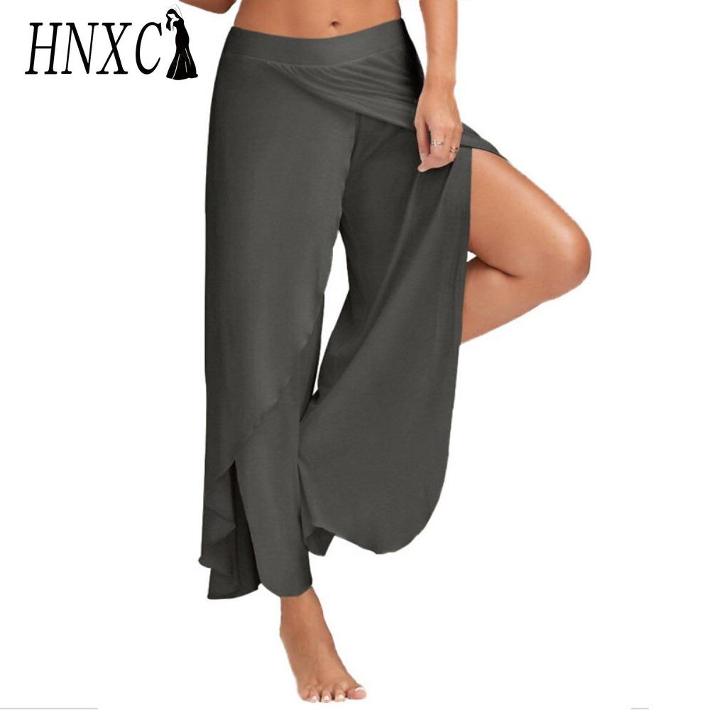 HNXC 10 Farben Damen Palazzo Boho Weitbein Hose Chiffon Rock Schlaghose Yoga Hose Übergröße XL grau