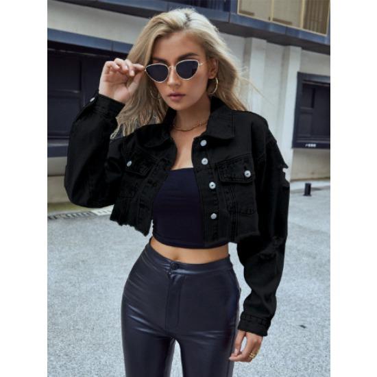 GMXIA Einfarbig Print Langarm POLO-Kragen Damen Freizeit All-Match Kurze Mode Denim Kurze Jacken & Mäntel M schwarz