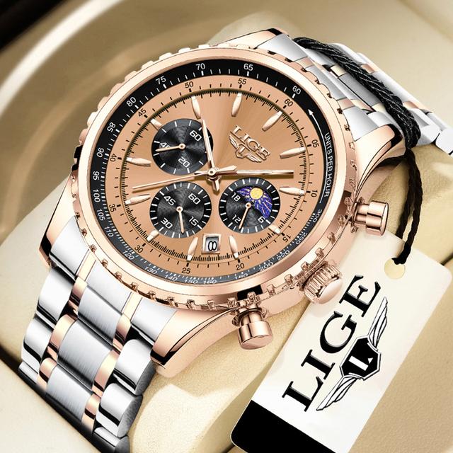 LIGE Neue Herrenuhren Top-marke Luxus Männer Armbanduhr Leder Quarzuhr Sport Wasserdicht Datum Chronograph gold/braun