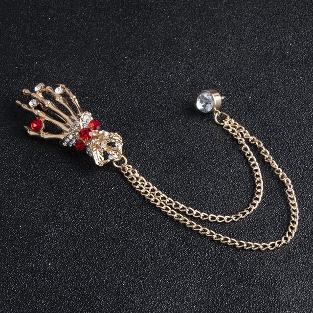 Retro Herren Brosche High-End Strass Mode Punk Corsage Persönlichkeit Trendy Männlich Hip Hop Totenkopf Hand Abzeichen Pin