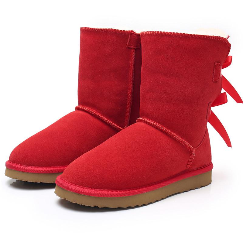 Echtes Leder Damen Schneestiefel Warme Winterstiefel Damenstiefel Warme Winterschuhe Dicke Plüsch Flats Schuhe 40 rot