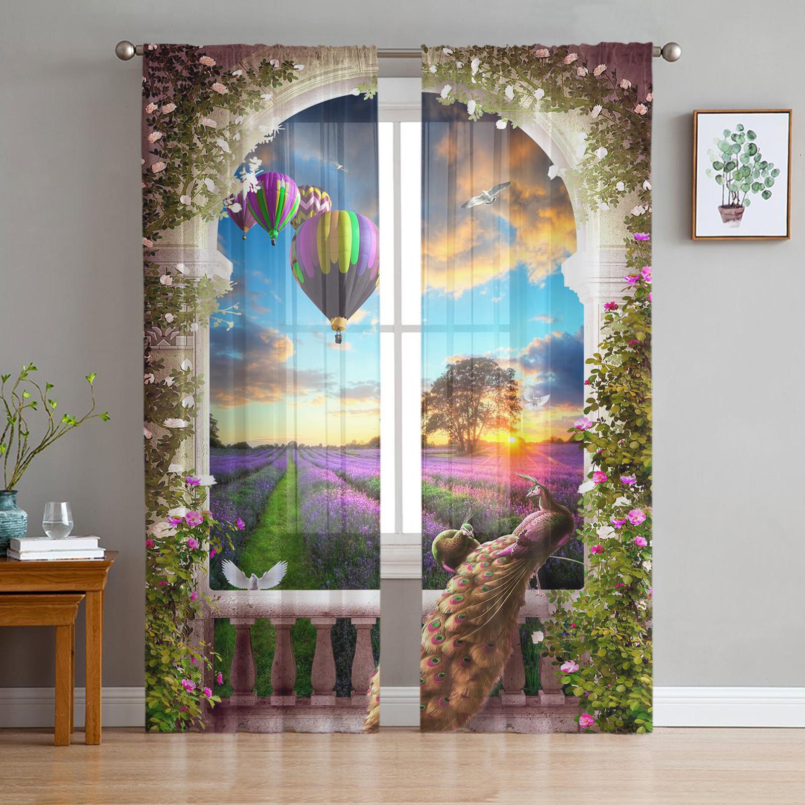 Tier Pfau Wald Stein Tüll Sheer Fenster Vorhänge für Wohnzimmer Schlafzimmer Moderne Tüll Voile Vorhänge Vorhänge Dekoration 1 PCS W100XH250cm&Grommet Top gray