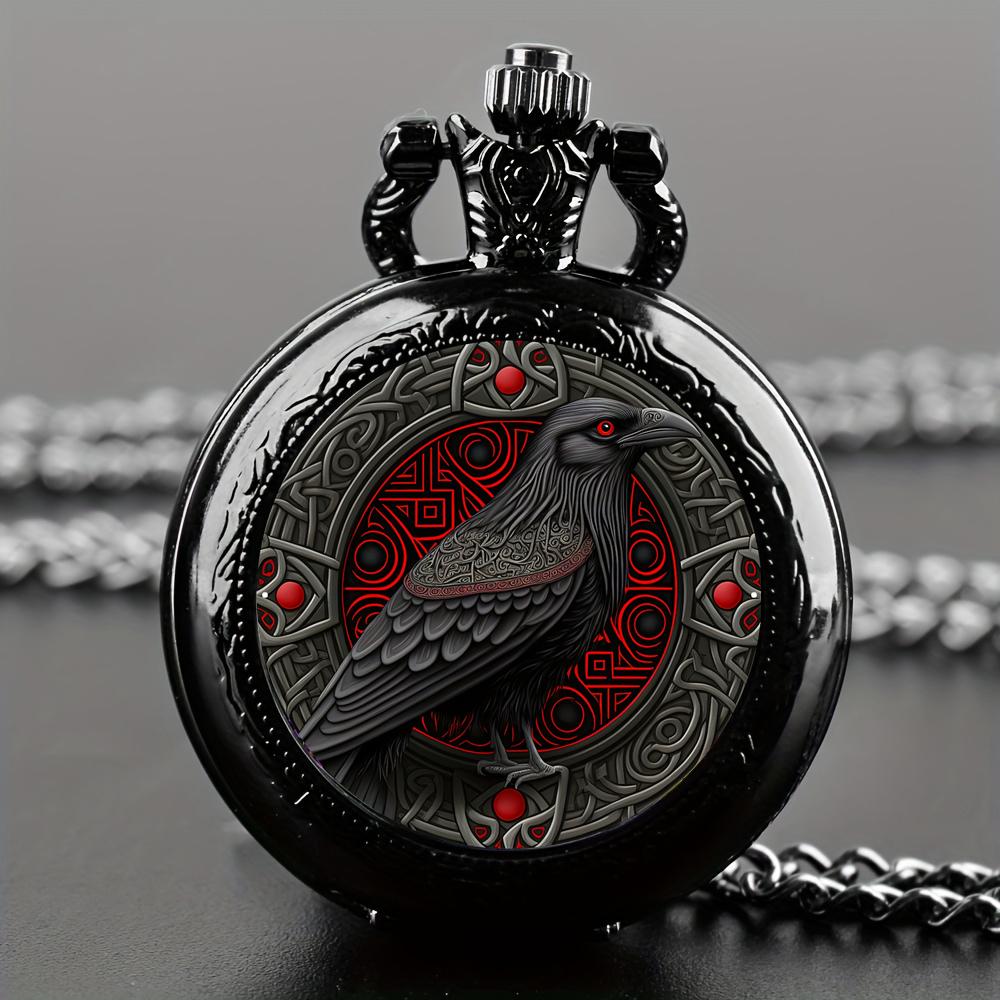 Taschenuhr im Vintage-Stil mit Krähen-Motiv, Quarzwerk, rundes Zifferblatt, schwarze Halskette, Souvenir-Geschenk
