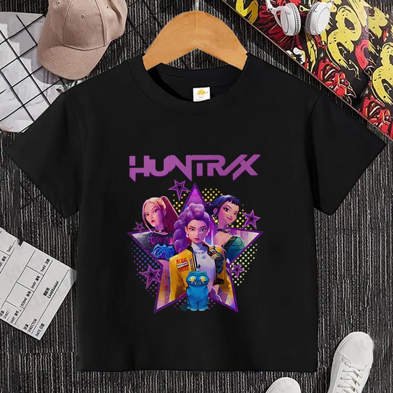 Kpop Dämonenjäger HuntrX Kinder T-Shirt Mädchen Jungen Cartoon T-Shirt Sommer Freizeit Kurzarm T-Shirt Bequeme Kinderkleidung 130