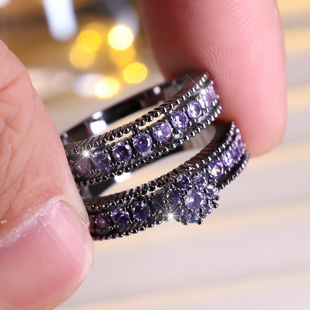 Modisches 2-teiliges Set mit blumenförmigen Zirkonia-Ringen für Frauen, luxuriöse, elegante Verlobungsringe, Party-Schmuckgeschenke 11 schwarz/violett