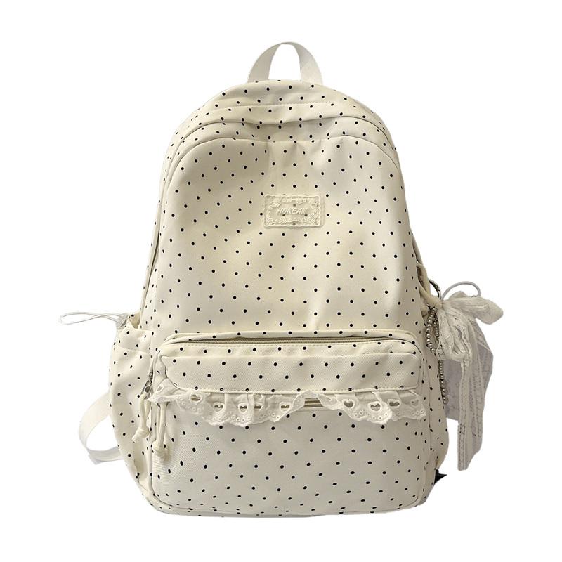 Süßer Polka-Dot-Rucksack mit Spitzenbesatz, Stilvolle Schultasche für Damen und Teenager, Leichtes und geräumiges Design Large weiß