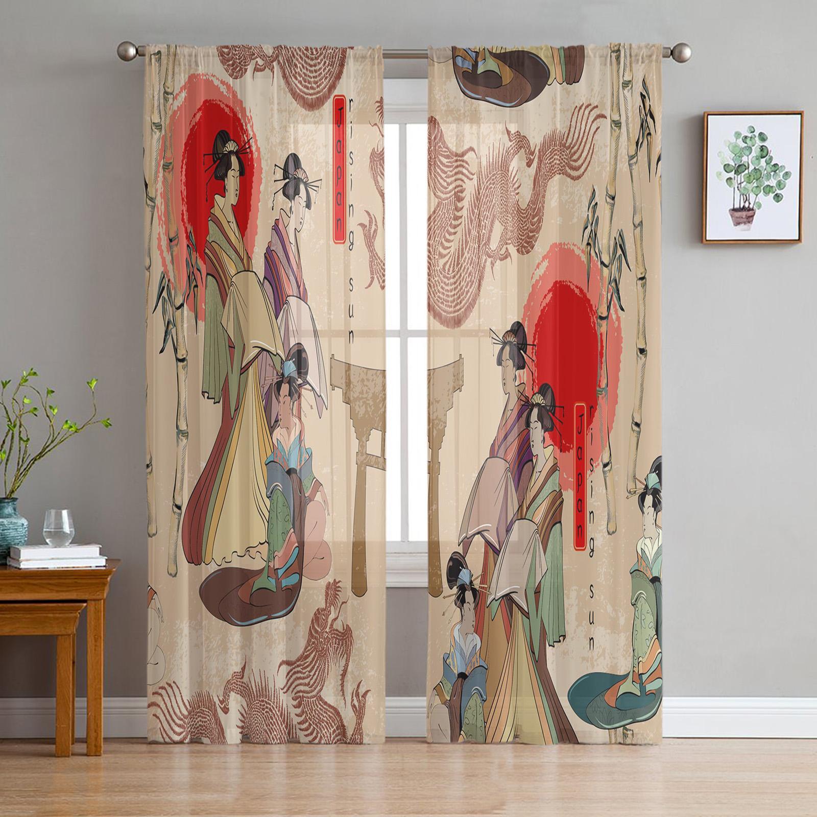 Japan Rote Sonne Geisha Frau Drache Bambus Gardinen für Wohnzimmer Dekoration Fenster Vorhänge Küche Tüll Voile Vorhänge W135 x H160cm x1 brown