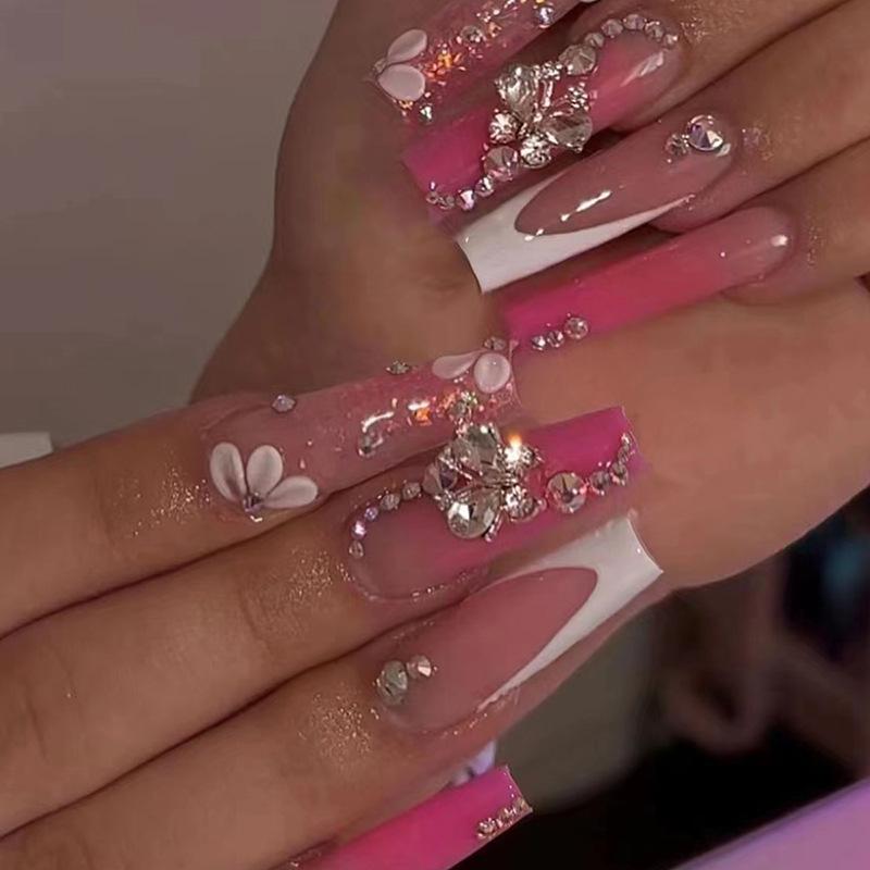24 Stück Lange Quadratische Falsche Nägel Y2k Schwarze Französische Nägel 3D Rosa Schleife Falsche Nägel für Spice Girls mit Diamanten Tragbar Press On brown
