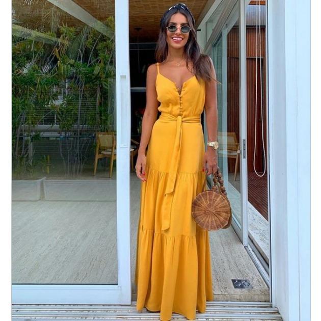 GMXIA Sommer Damenmode Temperament V-Ausschnitt mittellanges Neckholderkleid L gelb