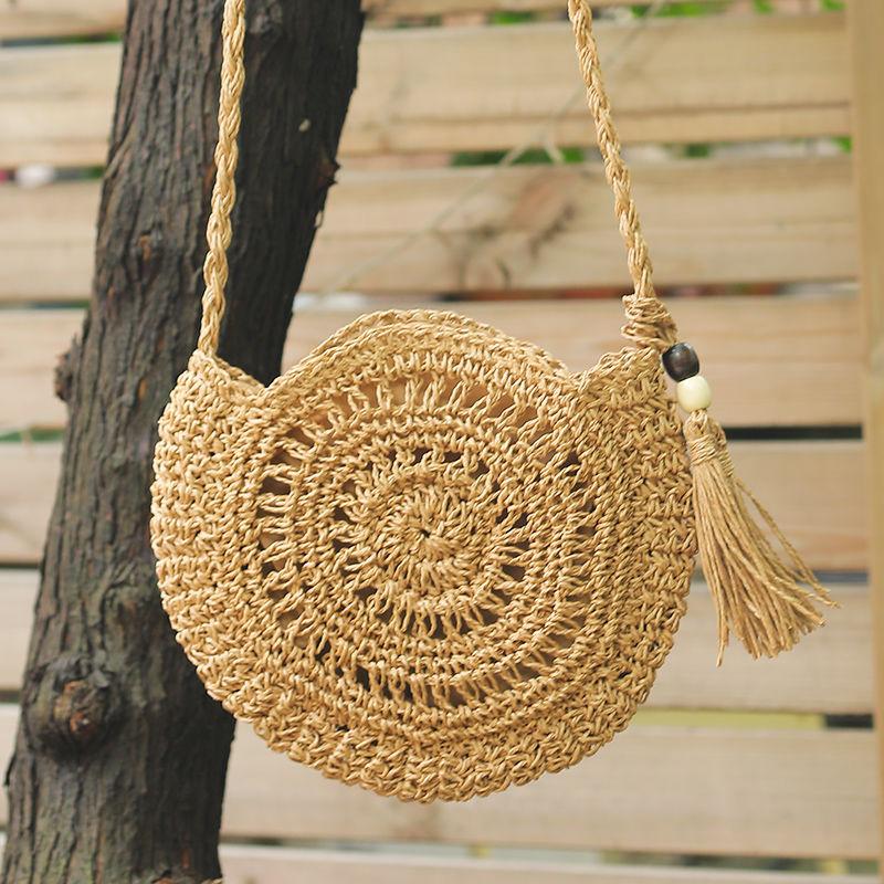 Damen Runde Stroh Strandtasche Vintage Handgefertigt Gewebte Umhängetasche Kreis Rattan Quasten Taschen Böhmische Sommerurlaub Freizeit Taschen 23*22*2cm