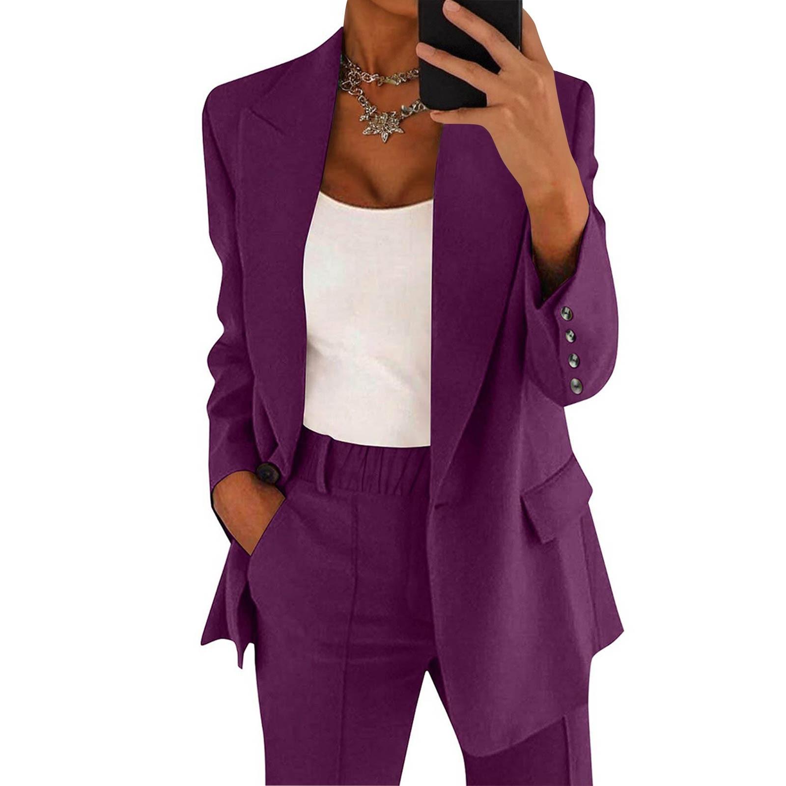 Frauen Casual Langarm Einfarbig Revers Strickjacke Anzug Jacke Hosen Anzug XXXXL dunkelviolette