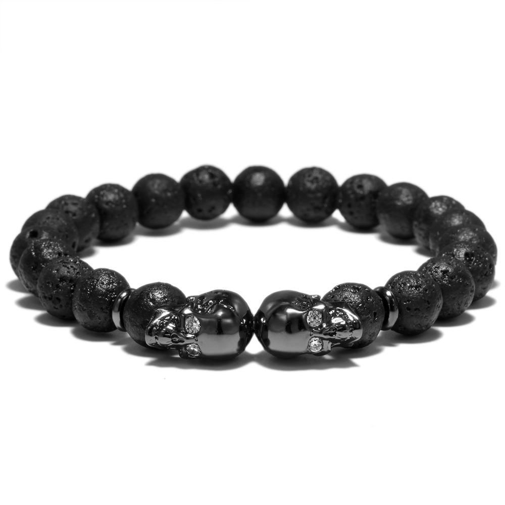 Punk Doppel Totenkopf Design Perlen Armband 4 Farben Naturstein Perlen Lava Armband Für Männer Biker Armband Schmuck Homme schwarz