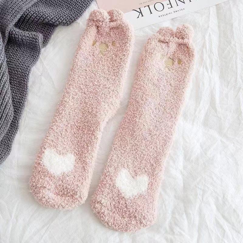 Damen Korallfleece Cartoon Hasenohren Socken Mittelhohe Socken Extra Dicke Warme Haussocken Schlaf-Socken One size rosa