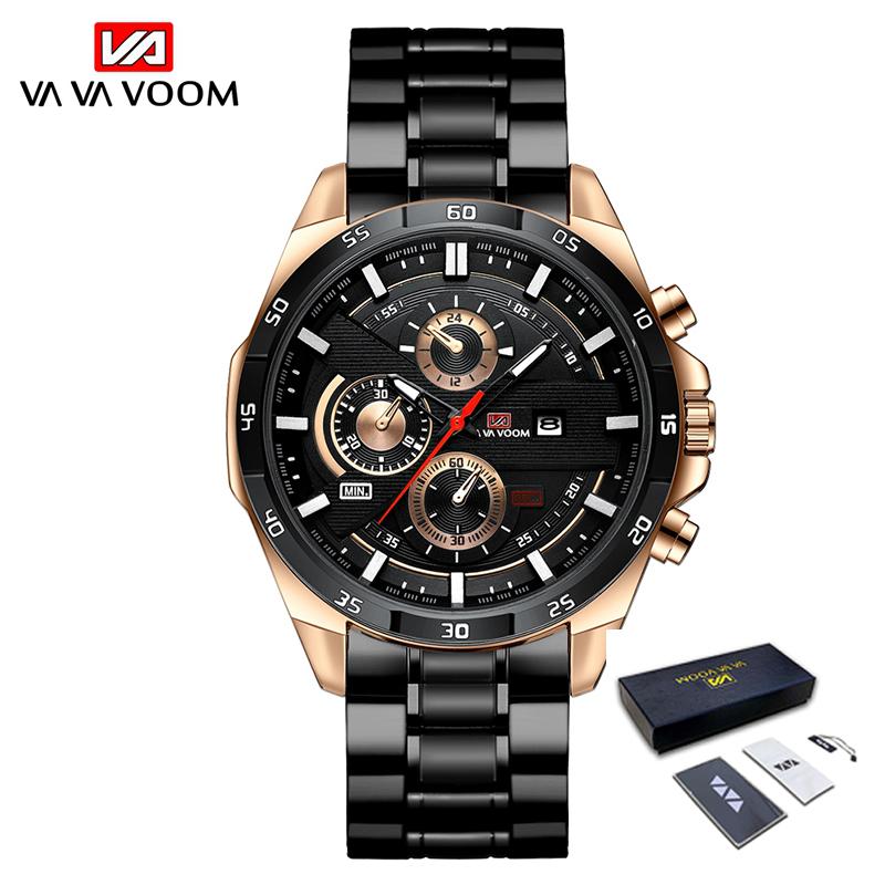 VA VA VOOM Männer Uhr Top Marke Luxus Sport Quarz Herren Uhren Edelstahl Armband Wasserdicht Chronograph Armbanduhr Männer Relogio masculino Stainless Steel schwarz/rose gold