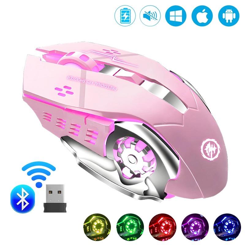 2,4G Bluetooth Kabellose Wiederaufladbare Maus RGB Hintergrundbeleuchtung E-Sports Mechanische Maus Leise Büromäuse für Computer Laptop Tablet PC Gaming Maus Gamer rosa