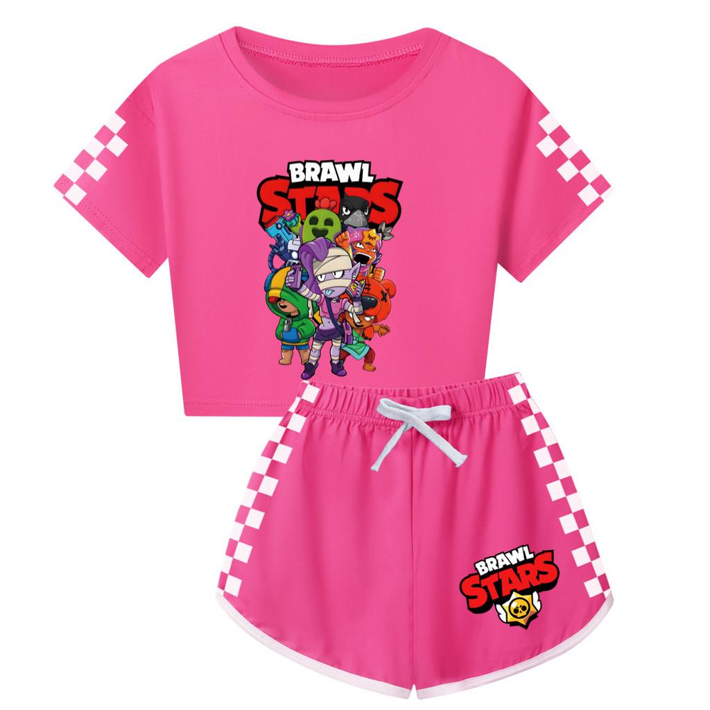 4094 Kinder Mädchen Brawl Stars Aufdruck Kurzarm T-Shirt Shorts Hose Sportkleidung Set 160cm rose rot