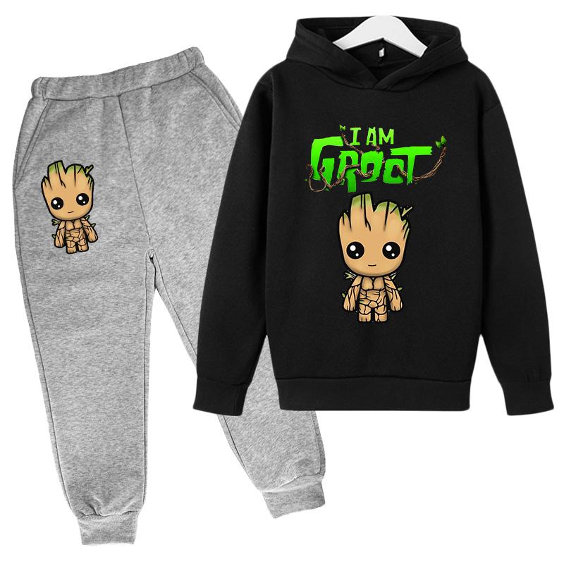 Kawaii Baby Marvel Groot Hoodie Kinder Mode Street Hoodie+Hosen Anzug Lässig Jogging Sweatshirt Ich Bin Groot Lustig Cartoon G 160 dunkelgrau