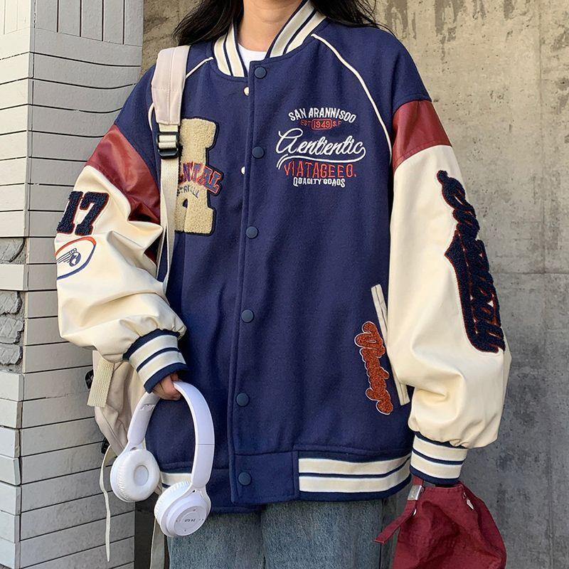 Vintage Bomberjacke Damen Harajuku Varsity Baseball Jacken Koreanische Mode College Uniform Übergroße Streetwear Y2k S blau