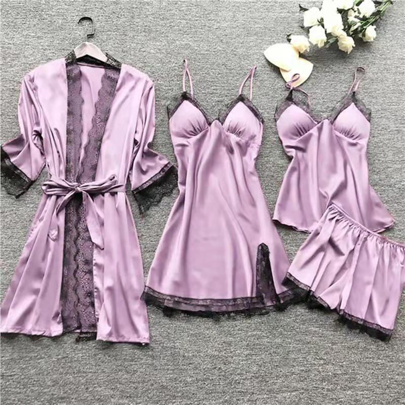 Pyjama-Set für Damen, Cami-Shorts, Nachthemden, Pyjama-Set aus Satinstoff, atmungsaktives Pyjama-Set mit Bademänteln, 5-teiliges Pyjama-Set, Nachtwäsche, Loungewear-Nachthemden XXXL violett