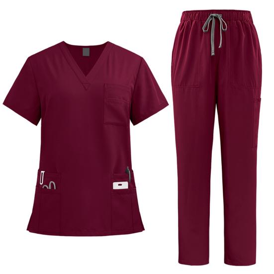Medizinisches OP-Set, 2-teiliger Anzug, Funktions-Kittel für Krankenschwestern und Ärzte, Oberteil mit V-Ausschnitt, Jogginghose, 9-Taschen-Uniform-Set für Krankenhauspersonal L wein rot