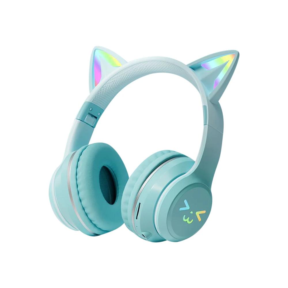 Gradient Drahtlose Kopfhörer RGB Nette Katze Ohr Bluetooth Kopfhörer mit Mikrofon Stereo Musik Spiel Kopfhörer Mädchen Kinder Geschenke grün