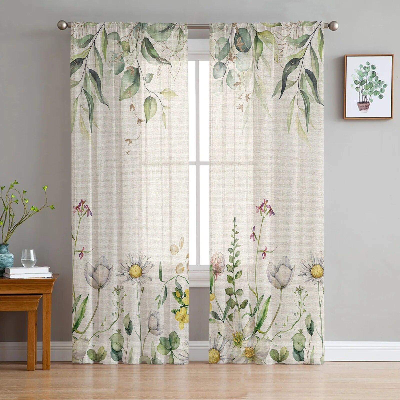 Frühling Sommer Pflanzen Kamille Schlafzimmer Transparente Gardinen Urlaub Dekoration Fenster Voile Tüll Vorhang 135W x 244H(cm)