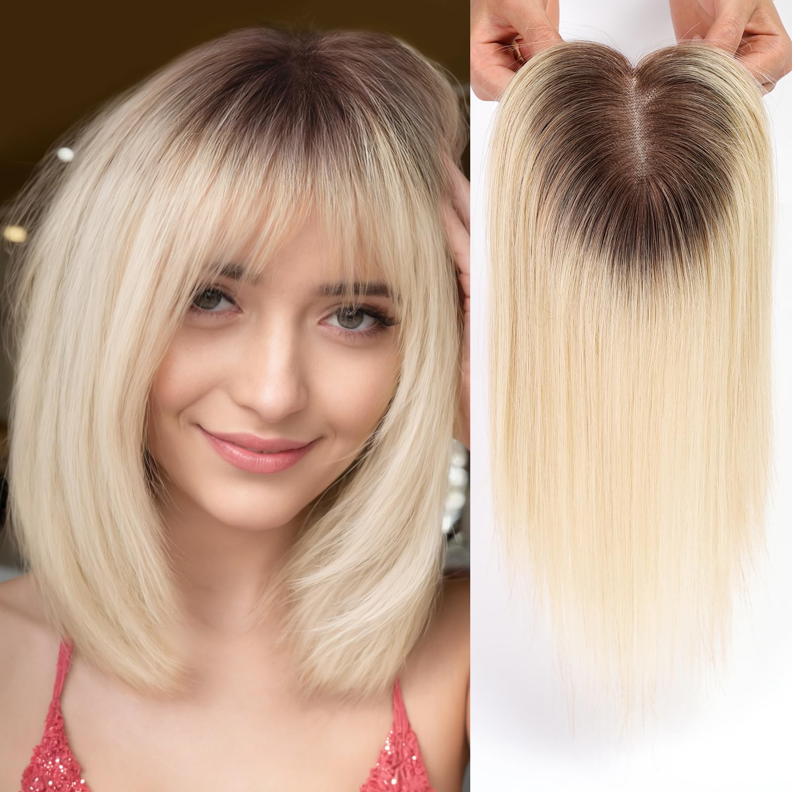 HAIRCUBE Blonde Ombre-Haarteile aus Echthaar mit Pony, 3 Clips, Pony für Frauen bei Haarausfall, 14 Zoll, unsichtbare Haarteile aus Schweizer Spitze
