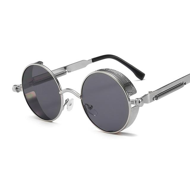 Klassische Gothic Steampunk Sonnenbrille Herren Damen Vintage runder Metallrahmen Sonnenbrille nicht polarisierte Brille silber/grau