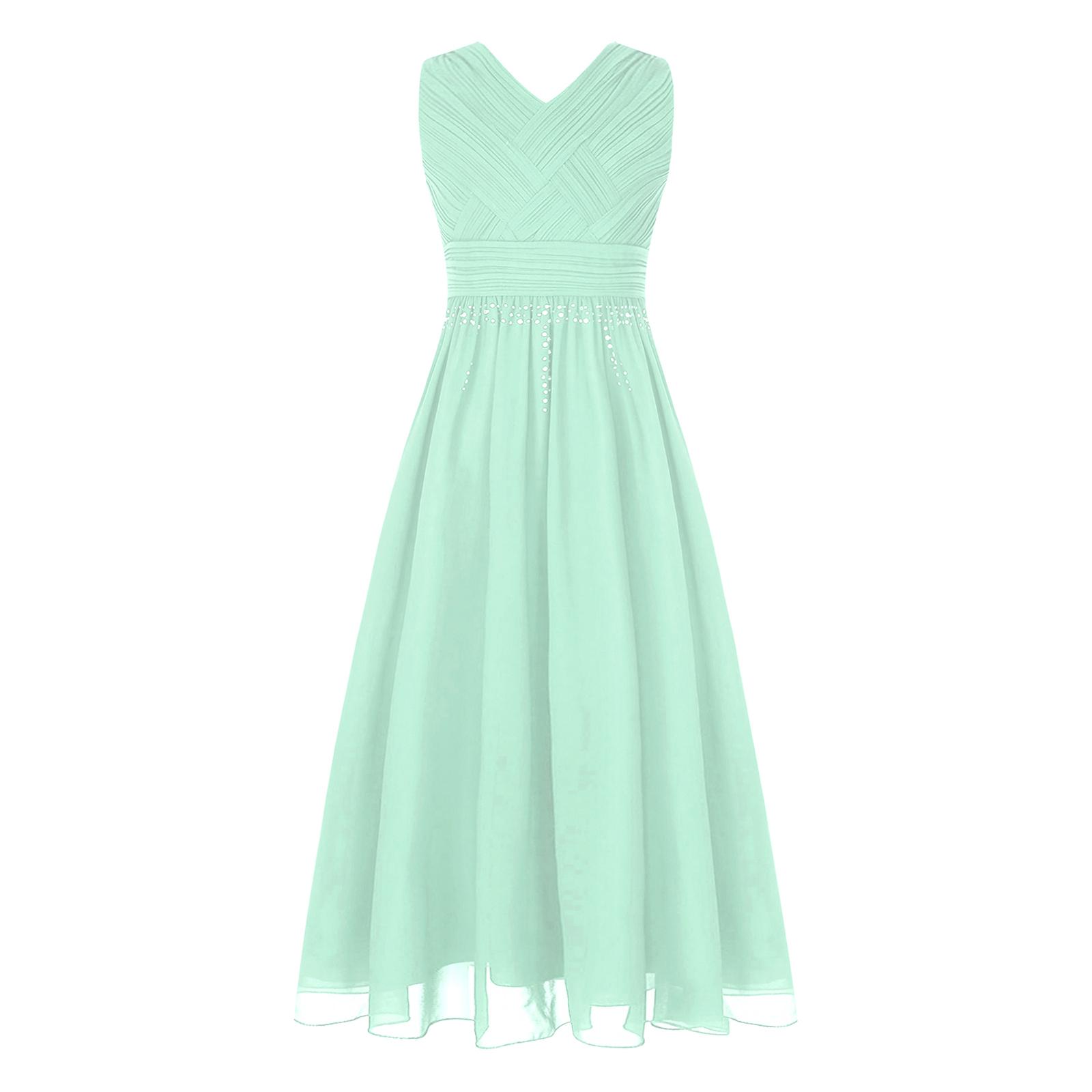 Glänzendes gerafftes verwobenes Chiffon-Kleid für Mädchen V-Ausschnitt ärmelloses Design Blumenmädchen langes Kleid Hochzeitsfeier Kleid 7-8 Years