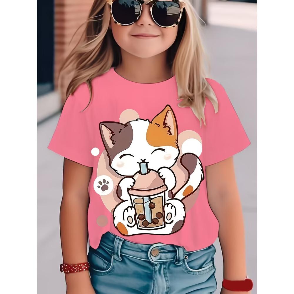 Neue Sommer Mädchen Kleidung Cartoon Niedliche Katze Grafik T-Shirt Kurzarm Tops für Mädchen 4 bis 6 Jahre Lässige Kinderbekleidung 160 pink