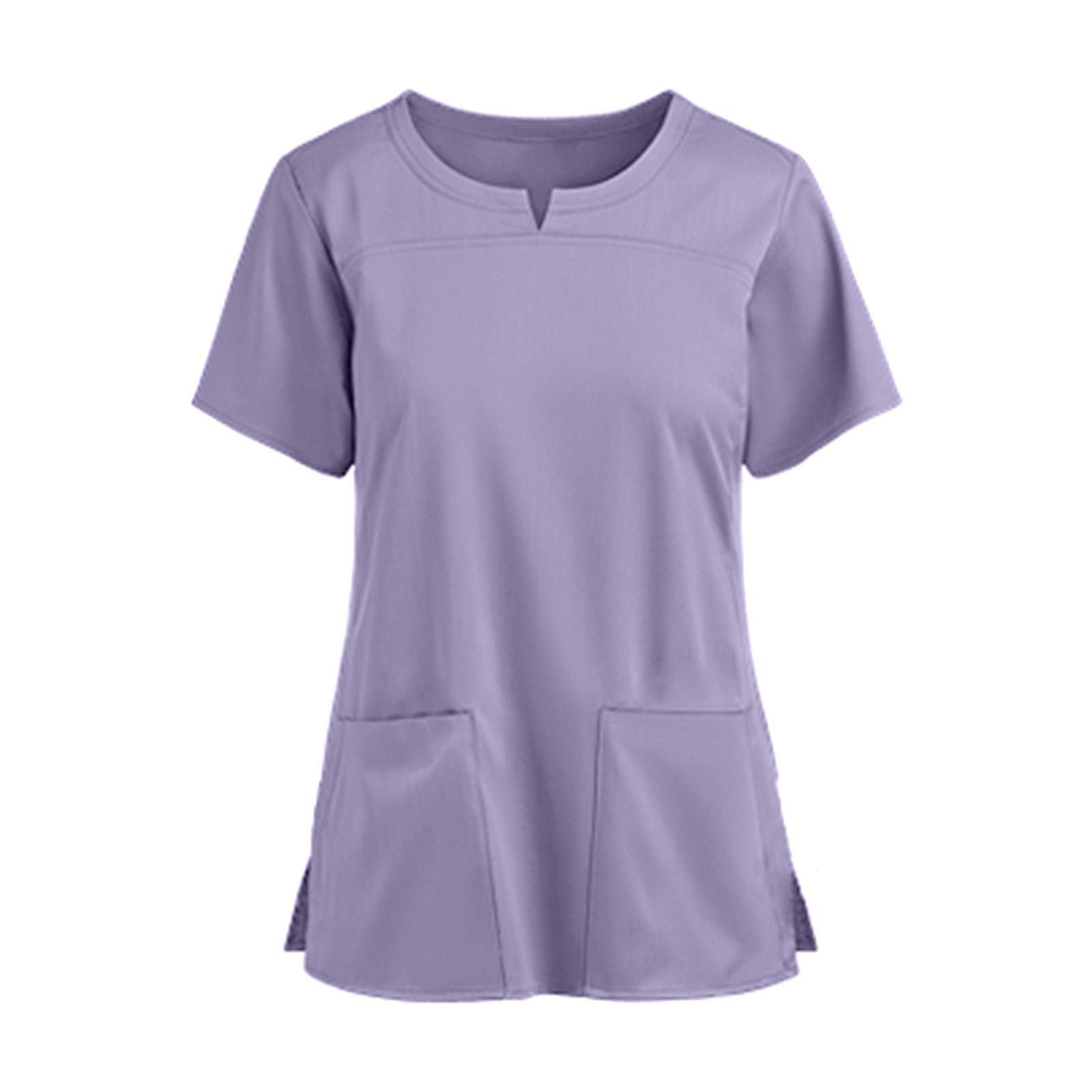 Damen Kurzarm V-Ausschnitt Tasche Krankenschwester Top Jugendliche Damen Solide Einfaches T-Shirt 5XL violett