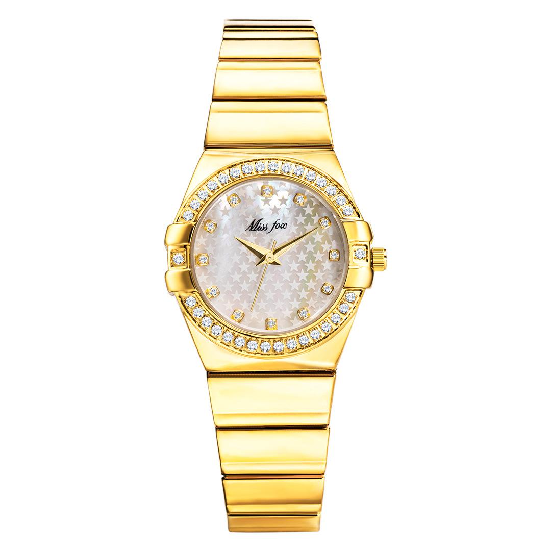 MISSFOX Luxus Diamantbesatz Damenarmbanduhr Wasserdichte Edelstahluhr für Damen Quarz Damenuhren gold/weiß