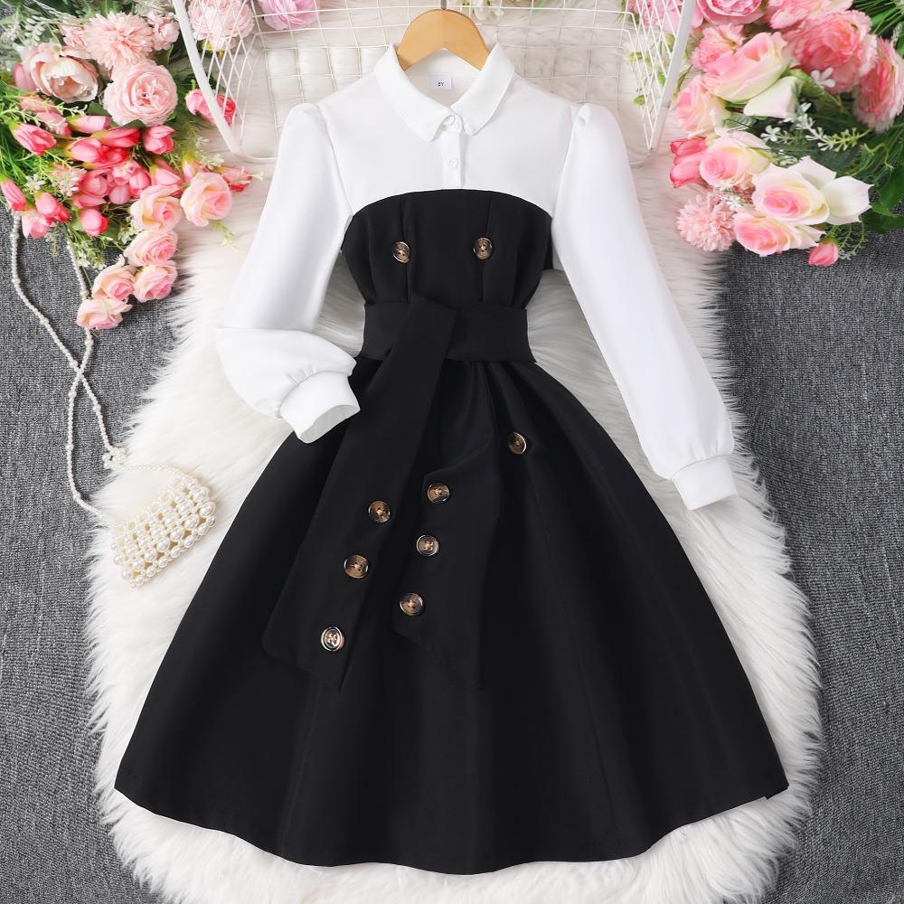 8-12J Mädchen Langarmkleid Herbst/Winter Kleid Patchwork Mode Kontrastfarben Minimalistisches Kleid 12Y schwarz