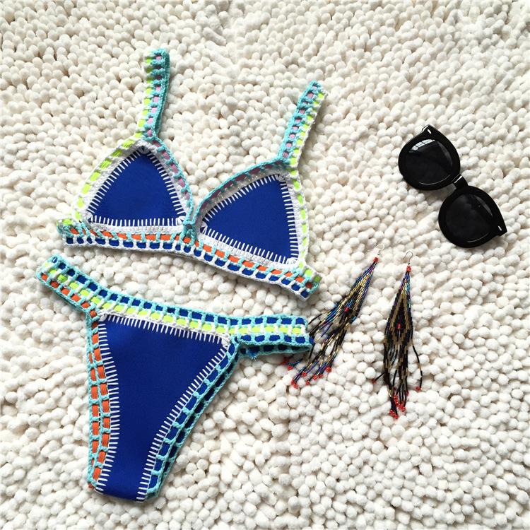 Bikini Damen Handarbeit Häkelstrick Bademode Neckholder Patchwork Badeanzug Badeanzug Biquini Tanga Bikini S orange/blau