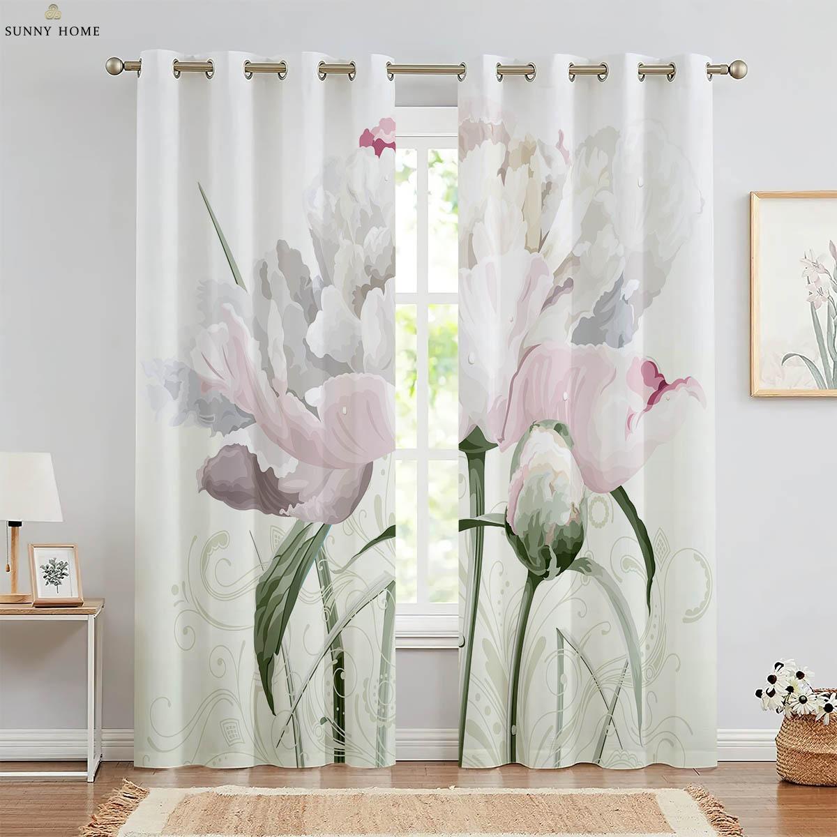 Vorhänge mit Blumendruck Vorhänge im pastoralen Stil zur Fensterdekoration Geeignet für Schlafzimmer, Wohnzimmer, Arbeitszimmer Vorhänge Heimdekoration W50xH140(CM)x2PCS&Grommet Top white
