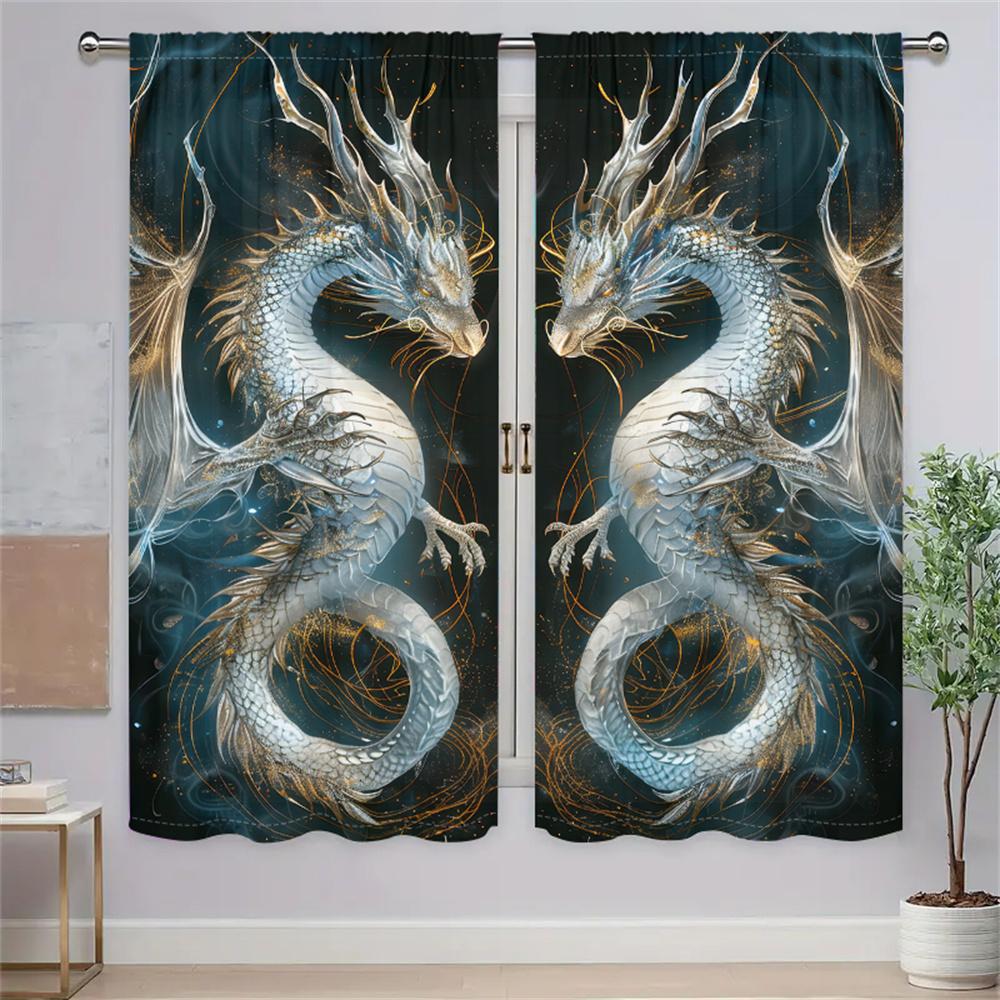 2 Stücke Traum Drachen Vorhänge Orientalischen Mythologie Muster Kunst Dekor Vorhänge Für Wohnzimmer Schlafzimmer Fenster Dekor Sonnenschutz Vorhänge 29.5W65H(inch)x2Pcs&Rod Pocket gray